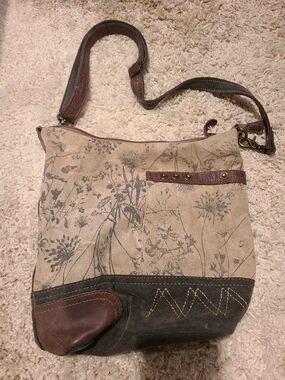 Myra Bag Beige Floral Canvas Crossbody with Leather/vanvas Trim